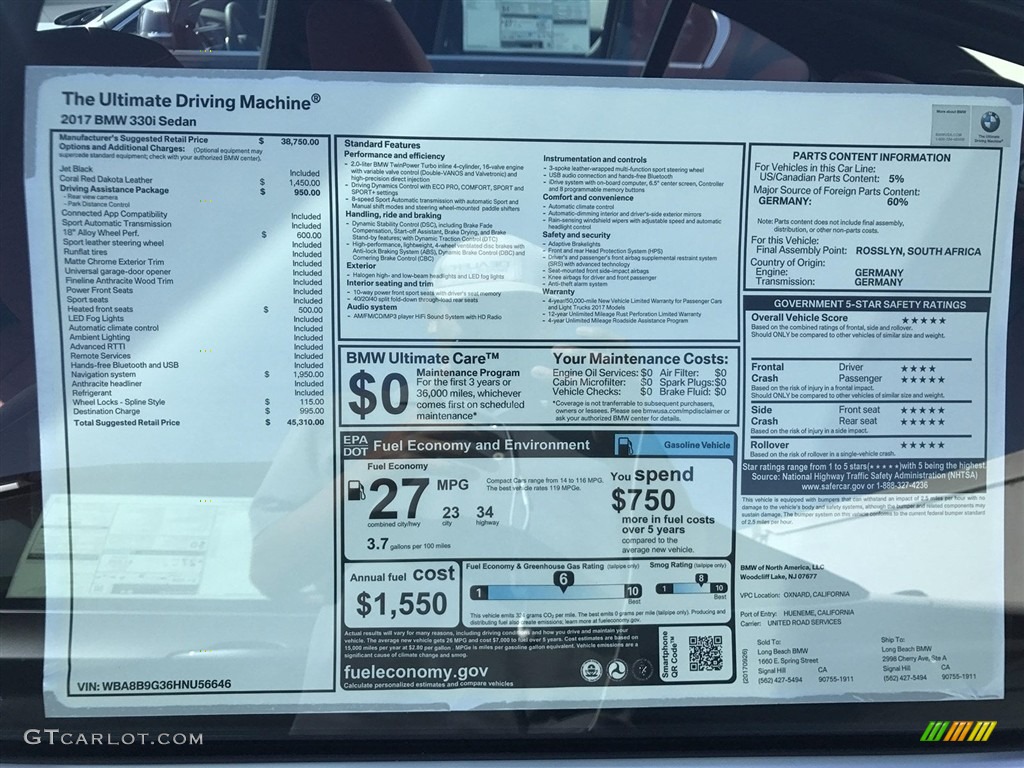 2017 3 Series 330i Sedan - Jet Black / Coral Red photo #10