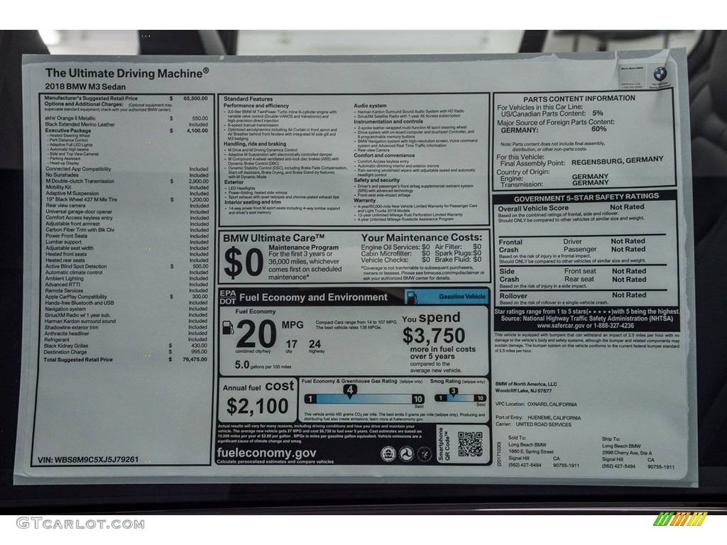 2018 BMW M3 Sedan Window Sticker Photo #123743546