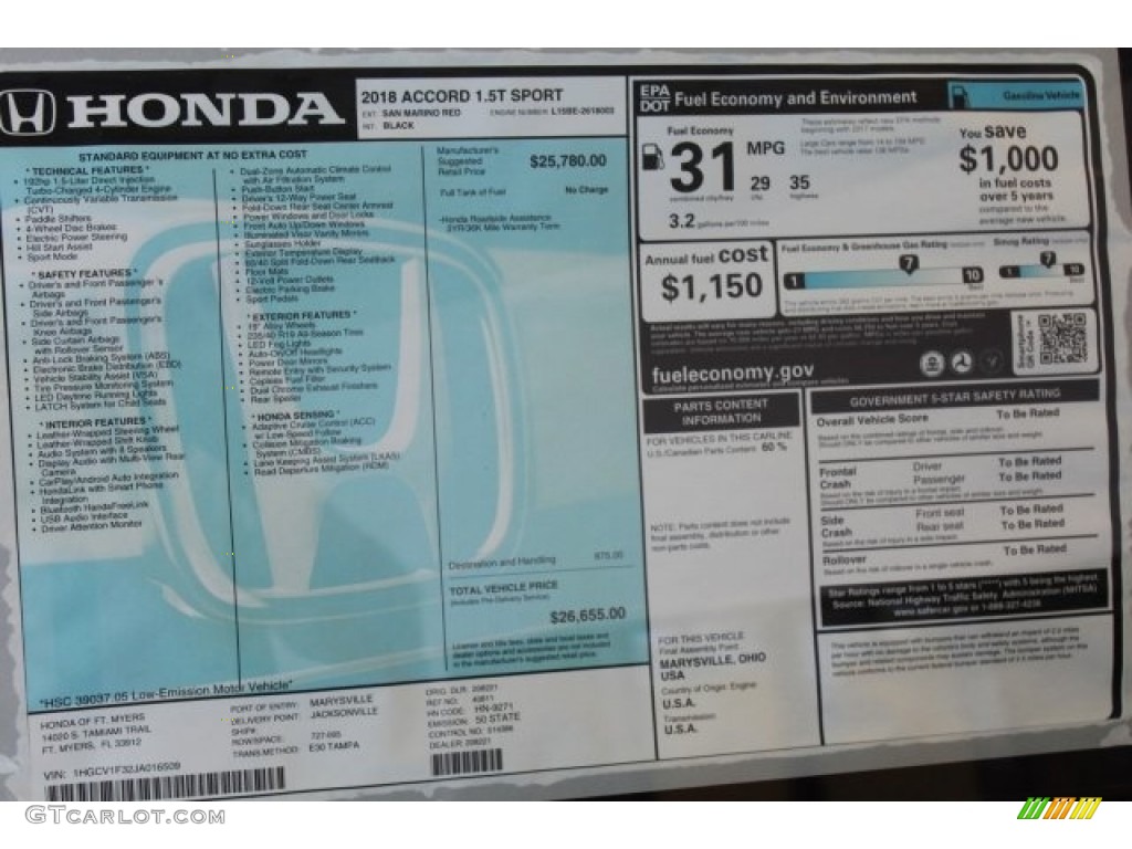 2018 Honda Accord Sport Sedan Window Sticker Photo #123756515