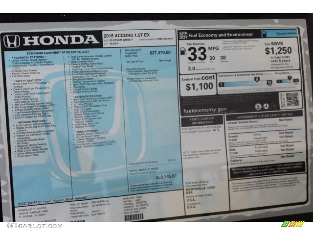 2018 Honda Accord EX Sedan Window Sticker Photo #123757847