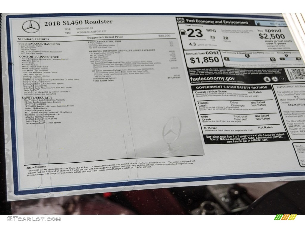 2018 Mercedes-Benz SL 450 Roadster Window Sticker Photo #123776521
