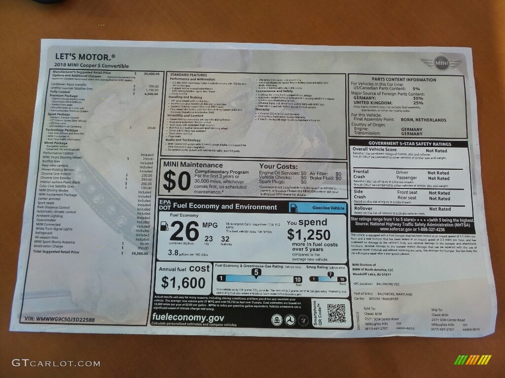 2018 Mini Convertible Cooper S Window Sticker Photos