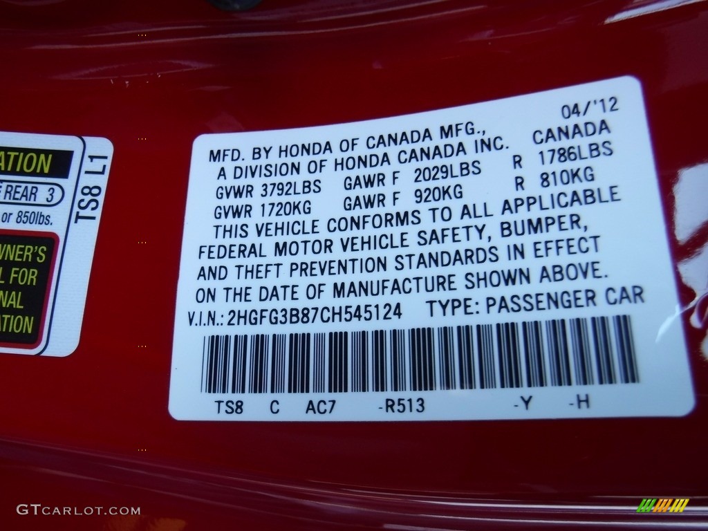 2012 Civic EX Coupe - Rallye Red / Gray photo #24