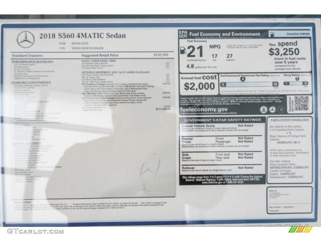 2018 Mercedes-Benz S 560 4Matic Sedan Window Sticker Photo #123790944