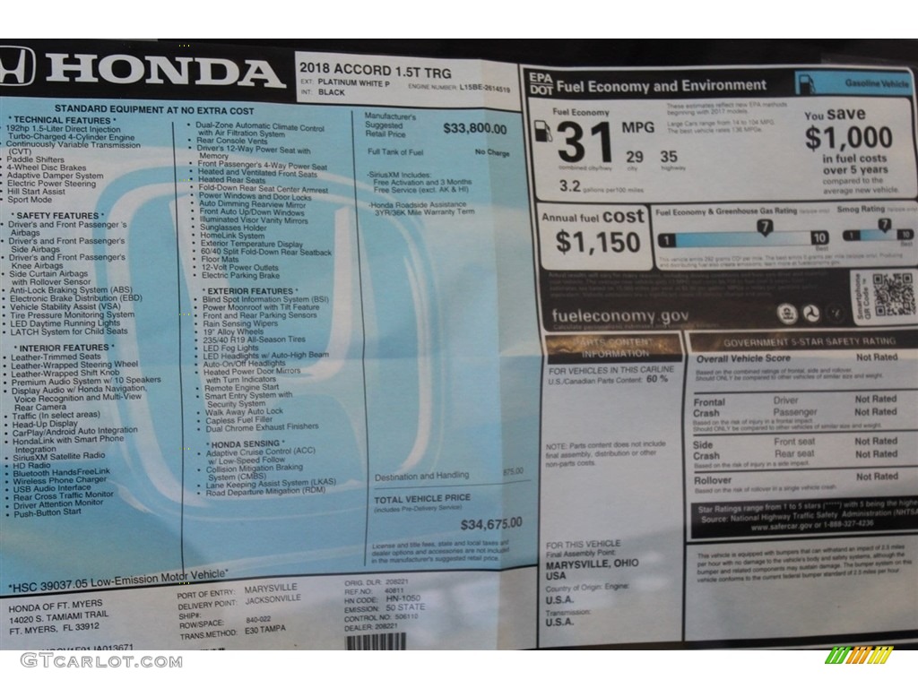 2018 Honda Accord Touring Sedan Window Sticker Photo #123807846