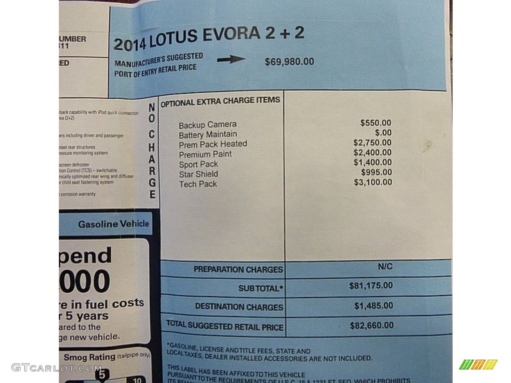 2014 Lotus Evora 2+2 Window Sticker Photos