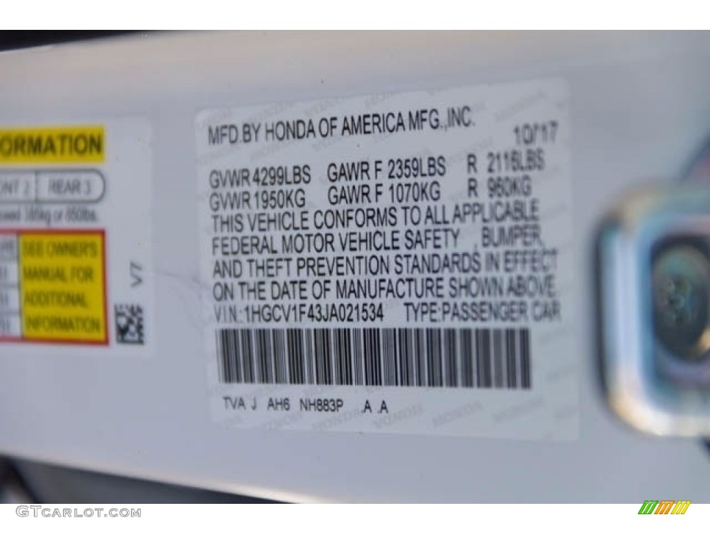 2018 Accord Color Code NH883P for Platinum White Pearl Photo #123830319