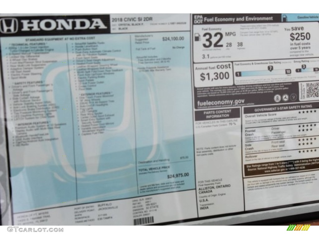 2018 Honda Civic Si Coupe Window Sticker Photo #123837636