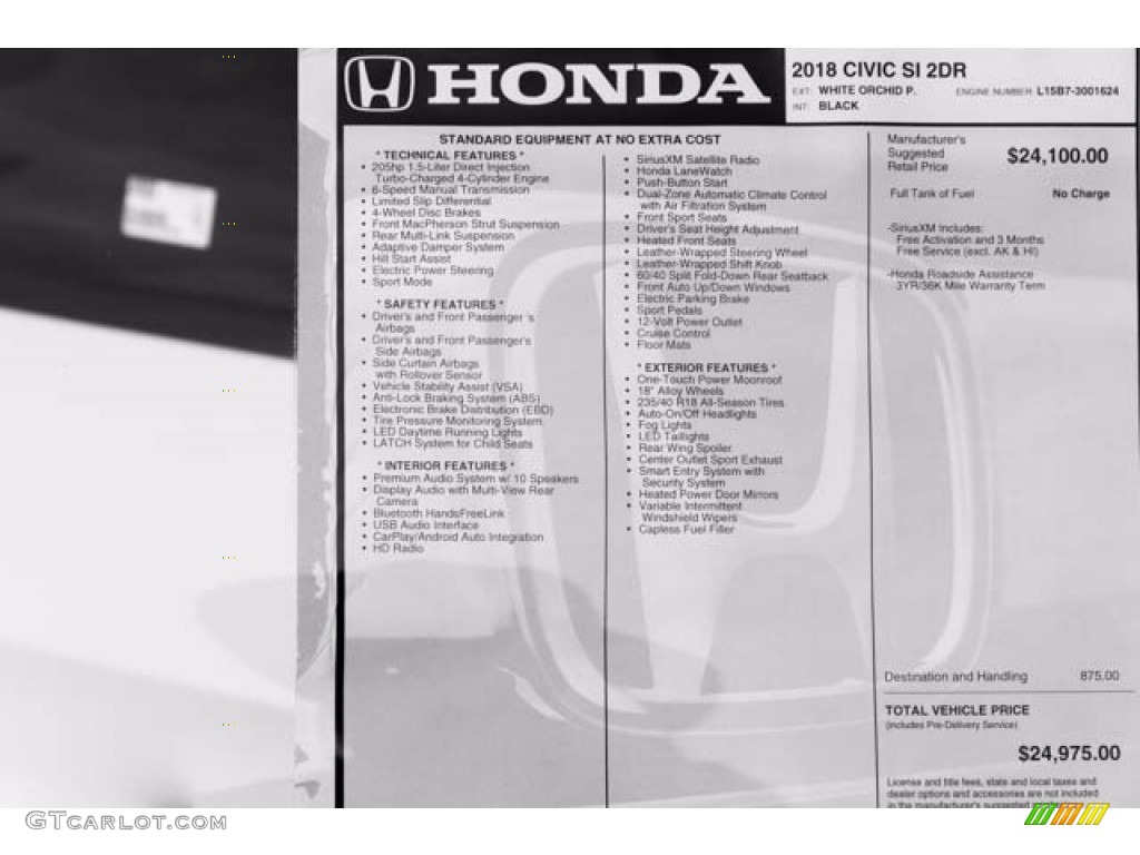 2018 Honda Civic Si Coupe Window Sticker Photo #123860166