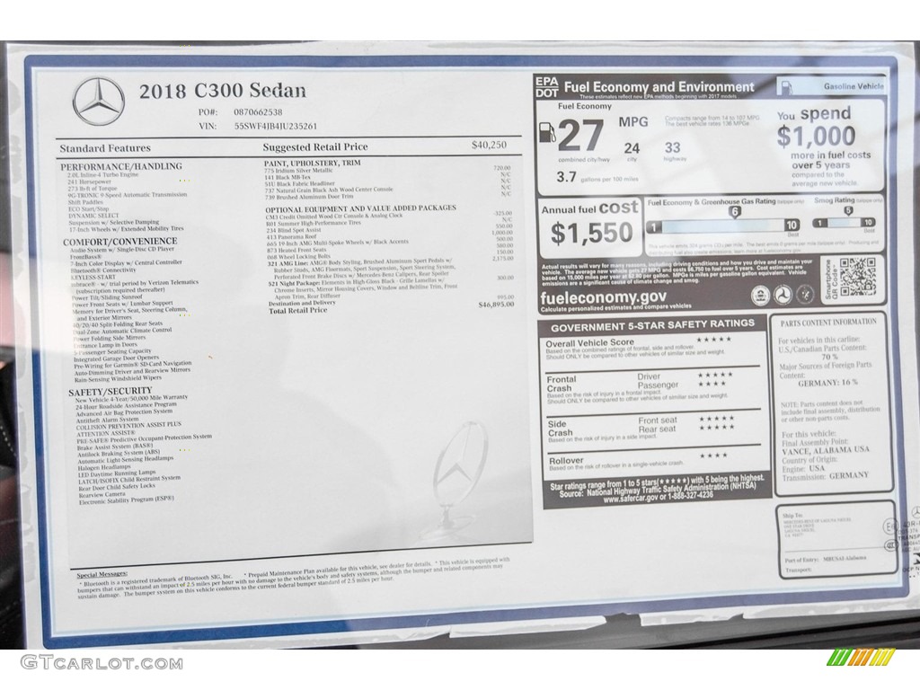 2018 Mercedes-Benz C 300 Sedan Window Sticker Photo #123875611