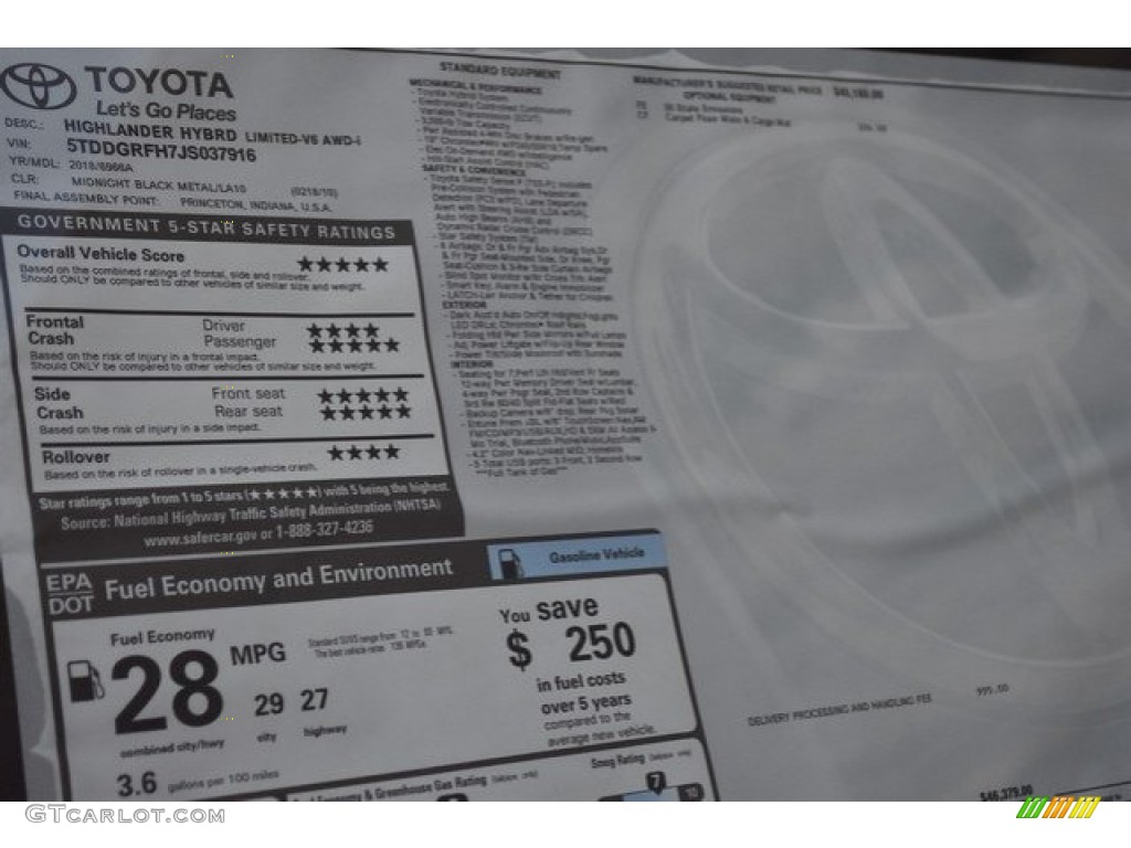 2018 Toyota Highlander Hybrid Limited AWD Window Sticker Photos