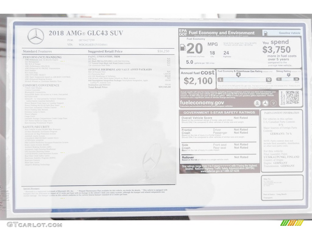 2018 Mercedes-Benz GLC AMG 43 4Matic Window Sticker Photo #123900383