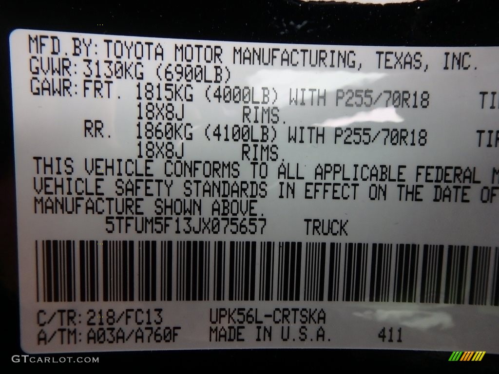 2018 Tundra Color Code 218 for Midnight Black Metallic Photo #123901007