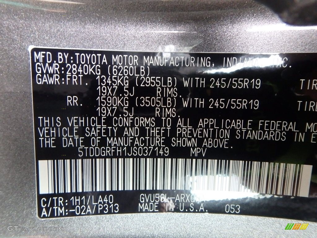 2018 Highlander Color Code 1H1 for Predawn Gray Mica Photo #123903797