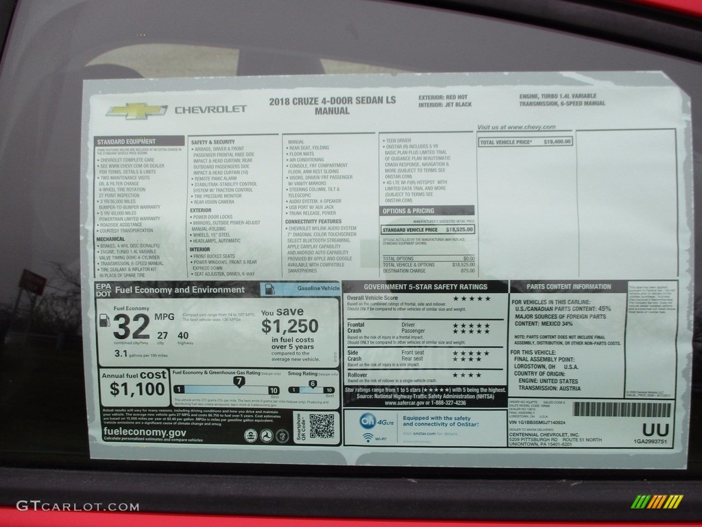 2018 Chevrolet Cruze LS Window Sticker Photo #123913415