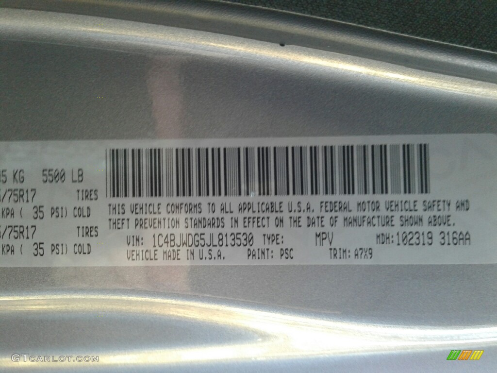2018 Wrangler Unlimited Color Code PSC for Billet Silver Metallic Photo #123935524