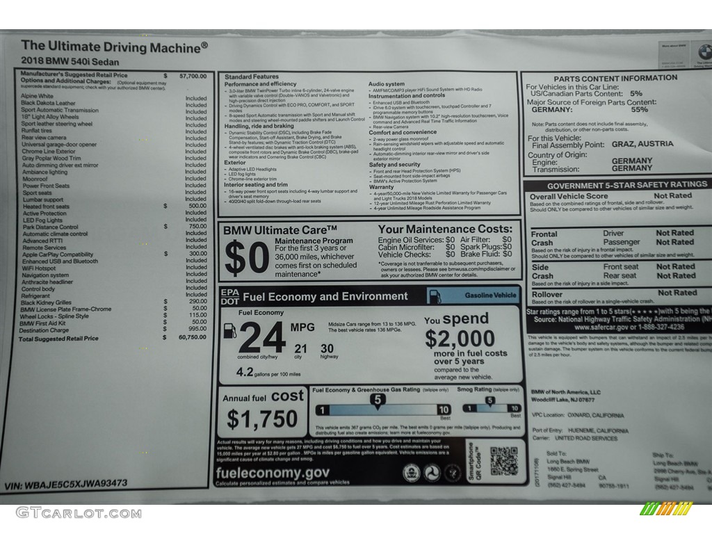 2018 5 Series 540i Sedan - Alpine White / Black photo #10