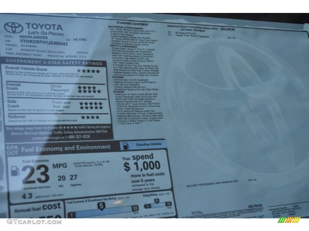 2018 Toyota Highlander LE AWD Window Sticker Photos