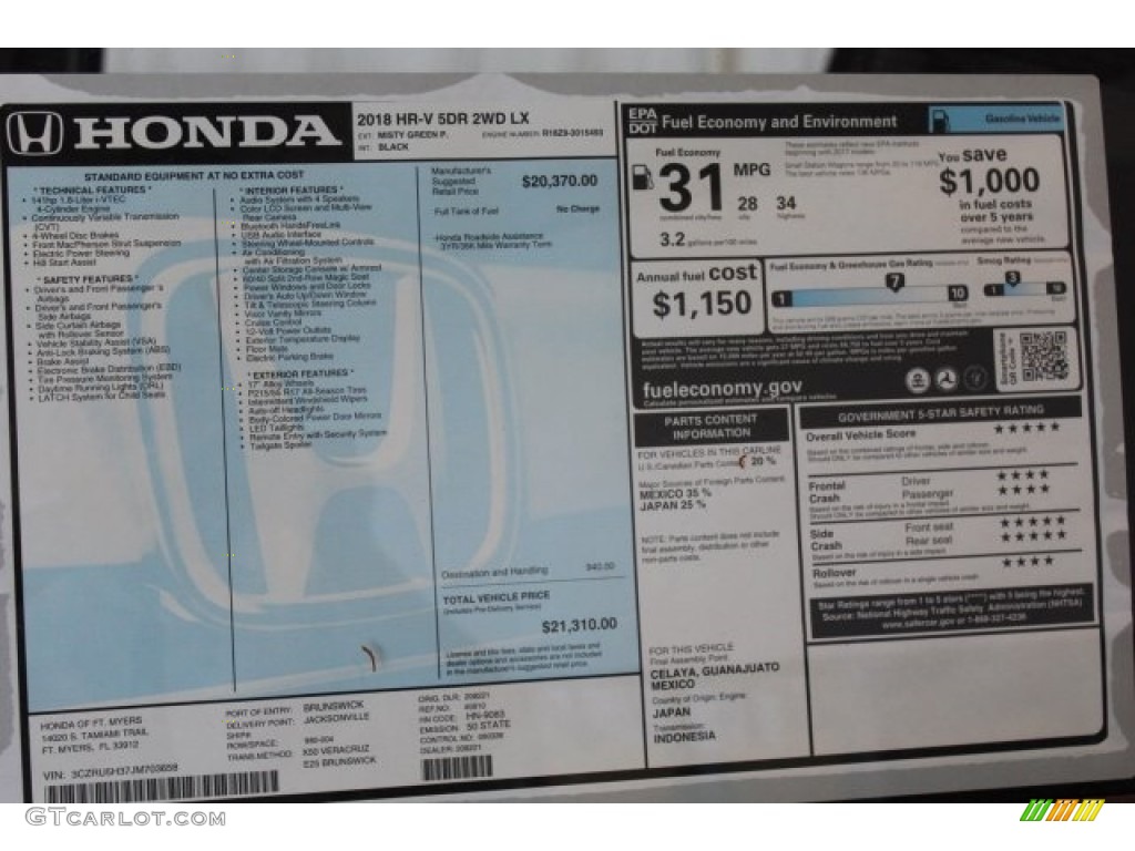 2018 Honda HR-V LX Window Sticker Photo #123974607