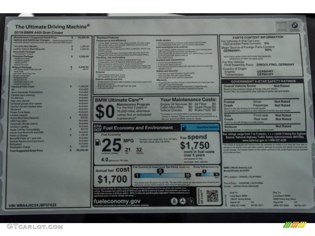 2018 BMW 4 Series 440i Gran Coupe Window Sticker Photos