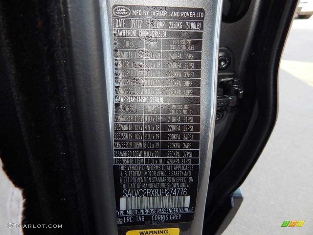 2018 Range Rover Evoque Color Code 1AB for Corris Grey Photo #124023769
