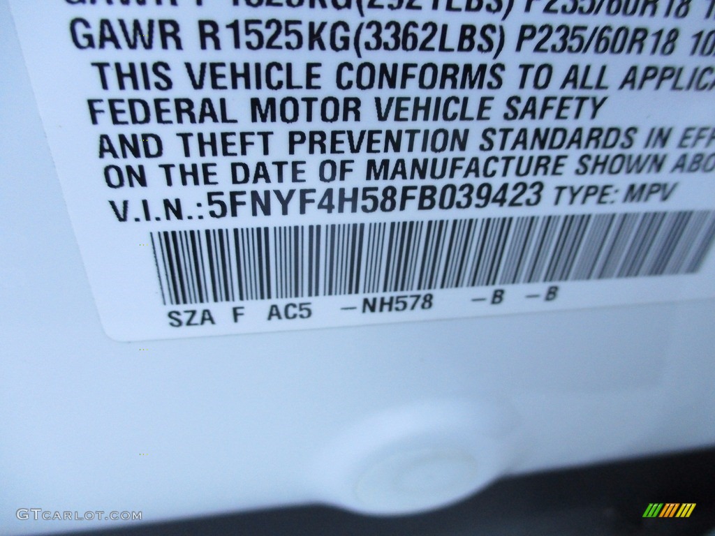 2015 Pilot EX-L 4WD - Taffeta White / Gray photo #19