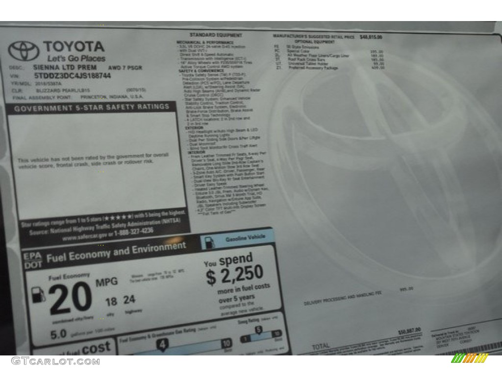 2018 Toyota Sienna Limited AWD Window Sticker Photo #124098610