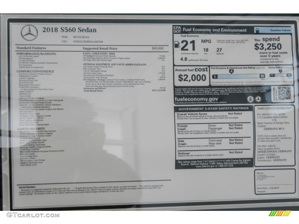 2018 Mercedes-Benz S 560 Sedan Window Sticker Photo #124107416