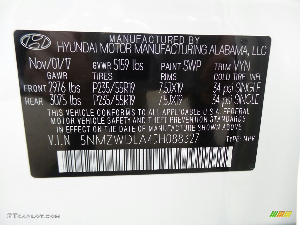 2018 Santa Fe Sport Color Code SWP for Pearl White Photo #124121419