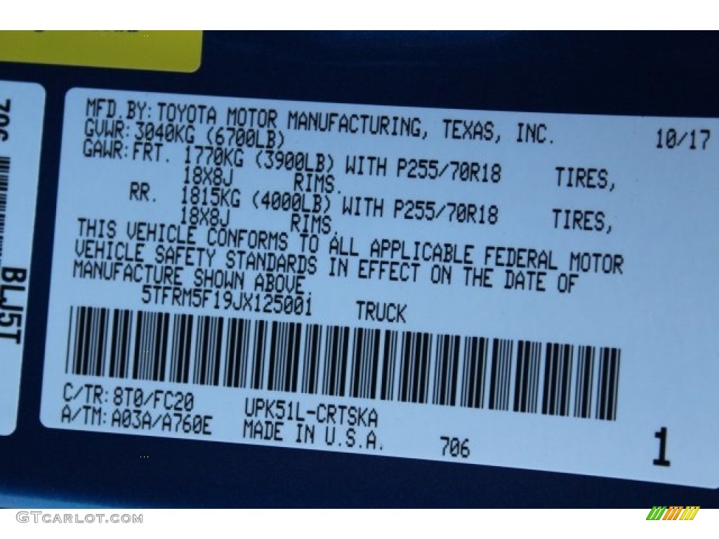 2018 Tundra Color Code 8T0 for Blazing Blue Pearl Photo #124157621