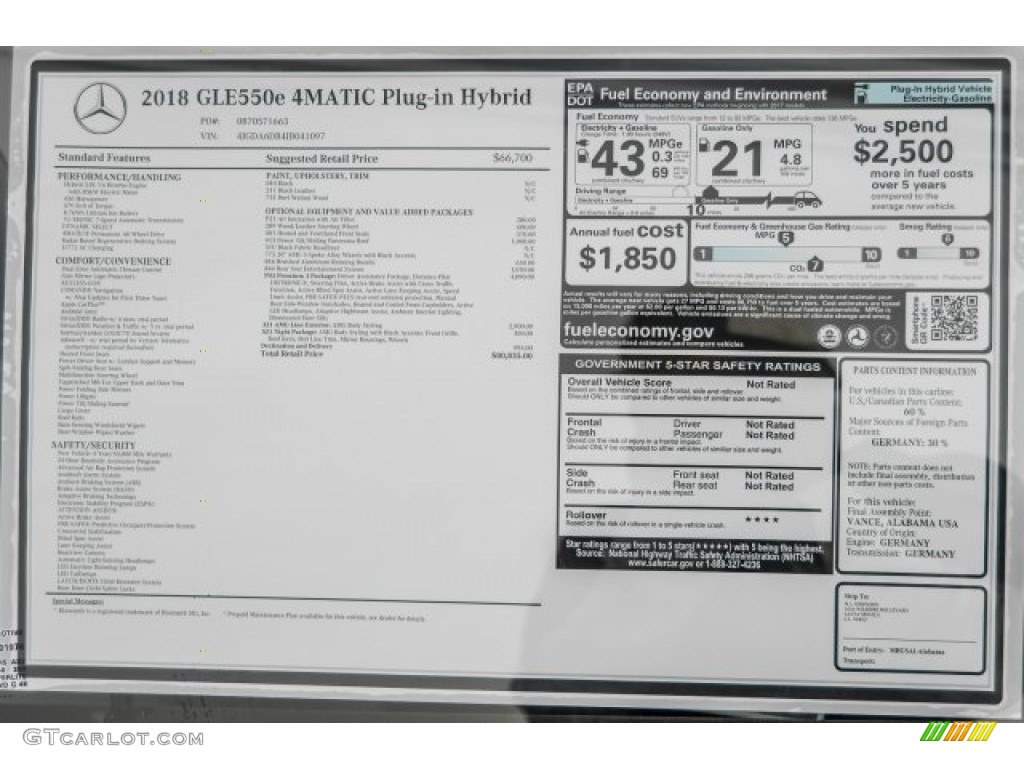 2018 Mercedes-Benz GLE 550e 4Matic Plug-In Hybrid Window Sticker Photo #124168154