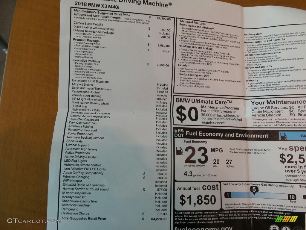 2018 BMW X3 M40i Window Sticker Photo #124264701
