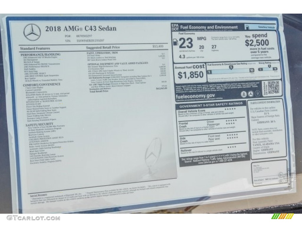 2018 Mercedes-Benz C 43 AMG 4Matic Sedan Window Sticker Photo #124287999