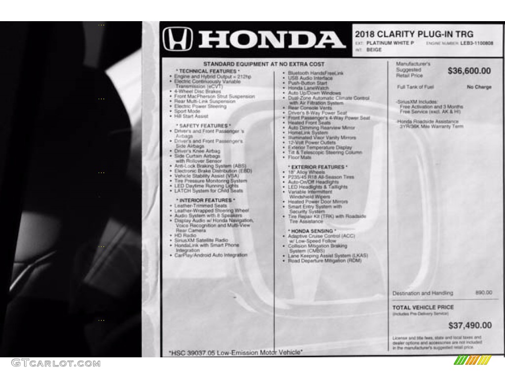 2018 Honda Clarity Touring Plug In Hybrid Window Sticker Photo #124296657
