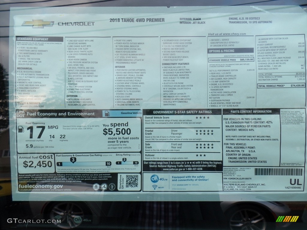 2018 Chevrolet Tahoe Premier 4WD Window Sticker Photo #124298217