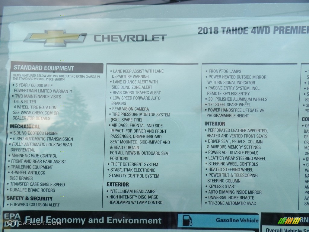 2018 Chevrolet Tahoe Premier 4WD Window Sticker Photo #124298238