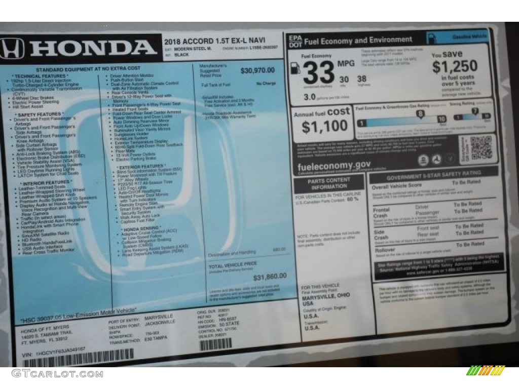 2018 Honda Accord EX-L Sedan Window Sticker Photo #124302066