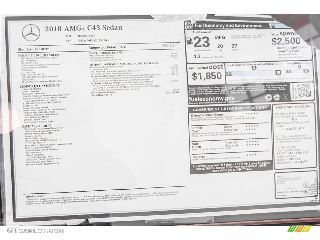2018 Mercedes-Benz C 43 AMG 4Matic Sedan Window Sticker Photo #124317755