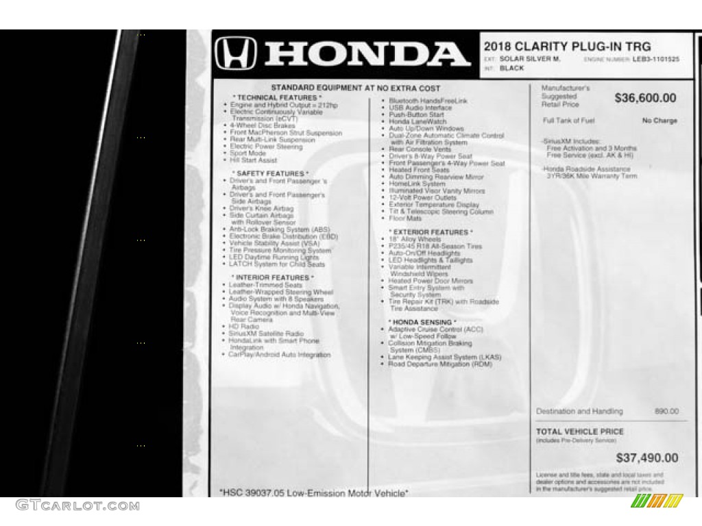 2018 Honda Clarity Touring Plug In Hybrid Window Sticker Photo #124333236