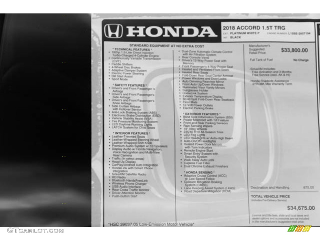 2018 Honda Accord Touring Sedan Window Sticker Photo #124336293