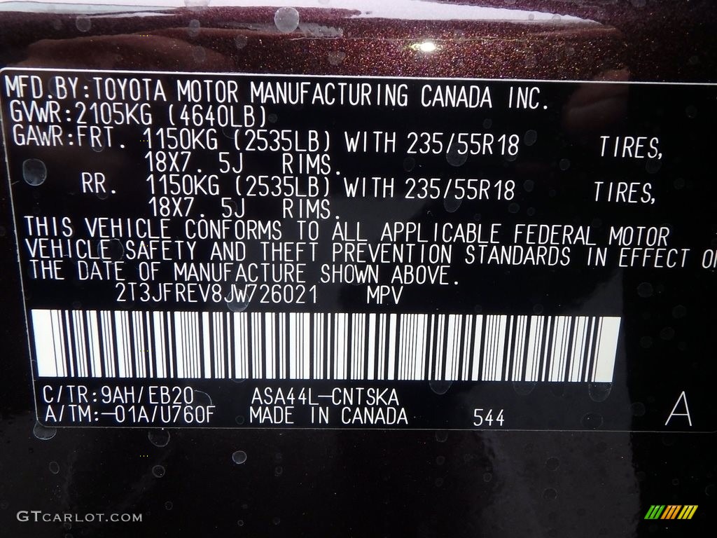 2018 RAV4 Color Code 9AH for Black Current Metallic Photo #124356835
