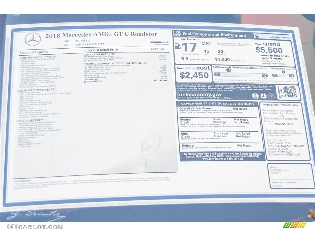 2018 Mercedes-Benz AMG GT C Roadster Window Sticker Photo #124370640