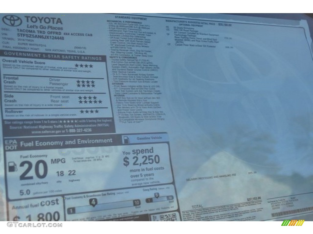2018 Toyota Tacoma TRD Off Road Access Cab 4x4 Window Sticker Photos