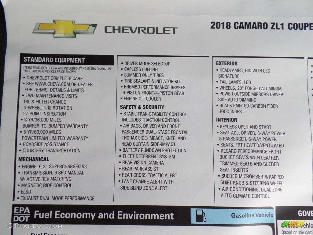 2018 Chevrolet Camaro ZL1 Coupe Window Sticker Photo #124398694
