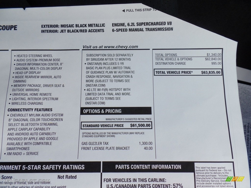 2018 Chevrolet Camaro ZL1 Coupe Window Sticker Photo #124398721