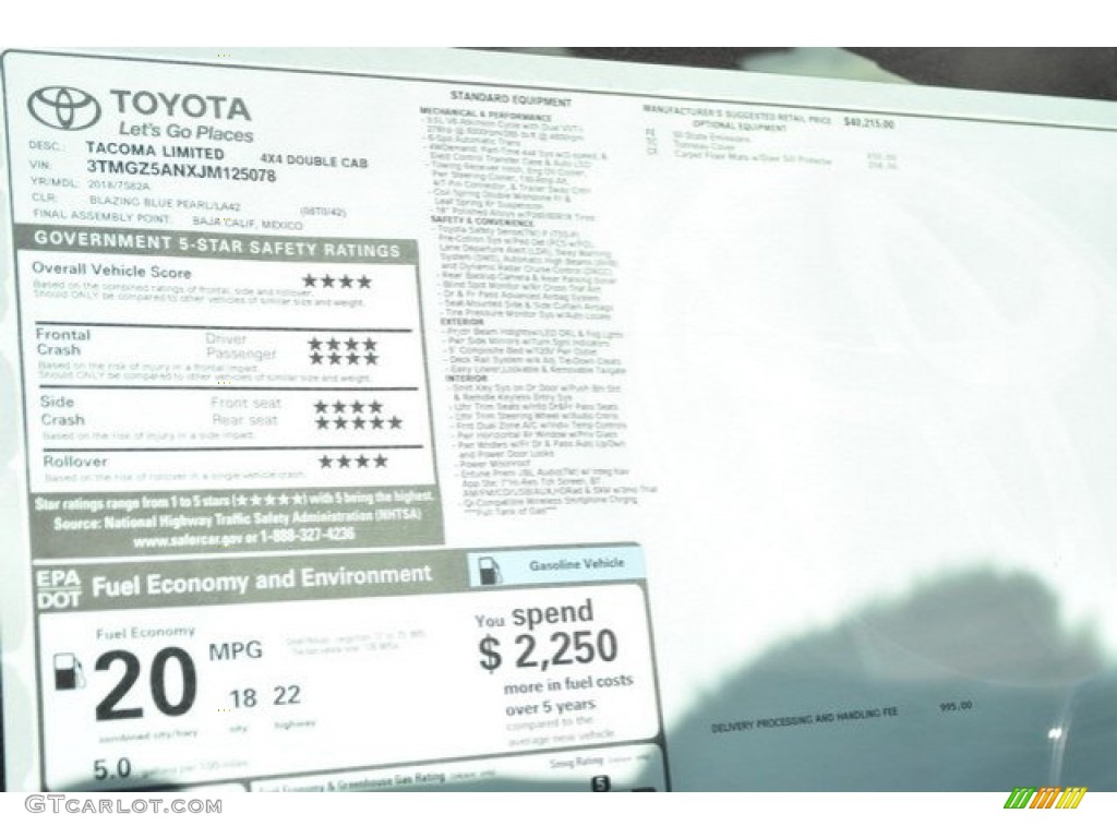2018 Toyota Tacoma Limited Double Cab 4x4 Window Sticker Photo #124403991