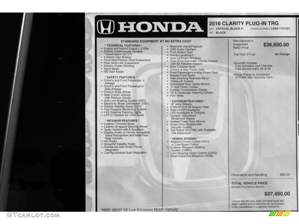 2018 Honda Clarity Touring Plug In Hybrid Window Sticker Photo #124456155