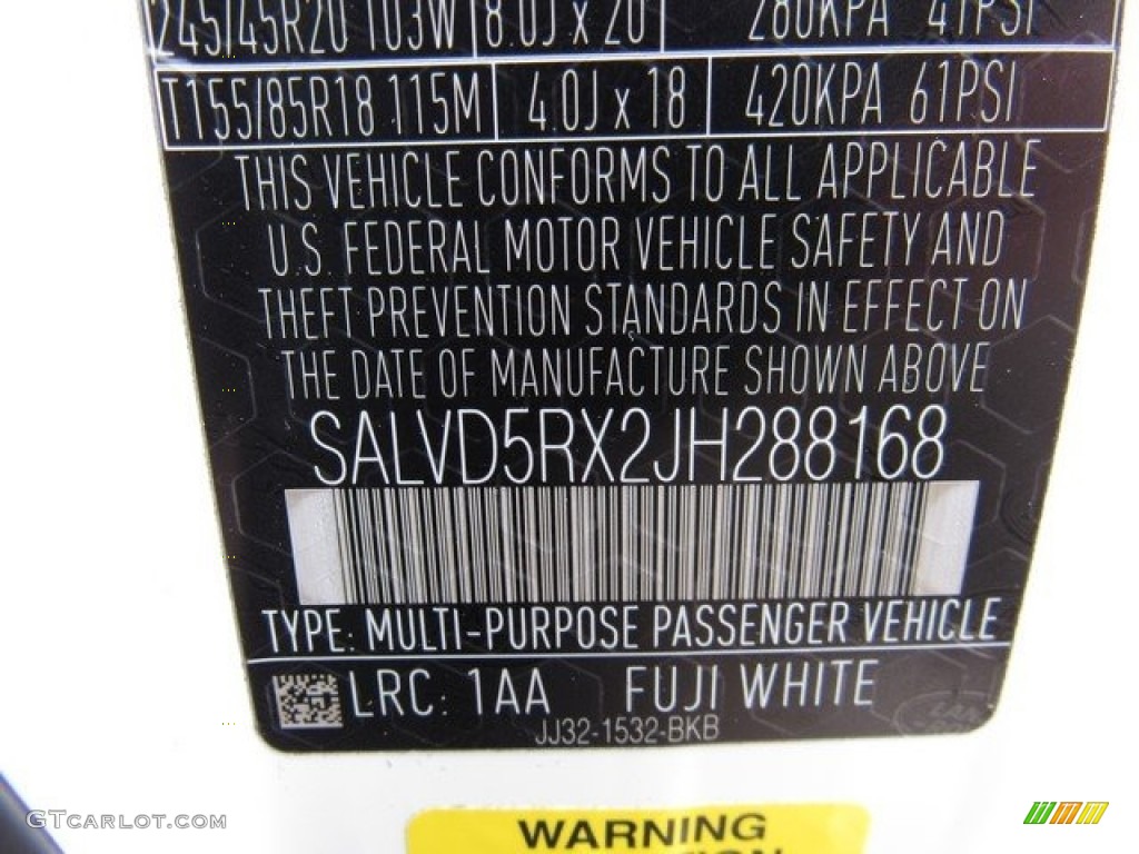 2018 Range Rover Evoque Color Code 1AA for Fuji White Photo #124469604