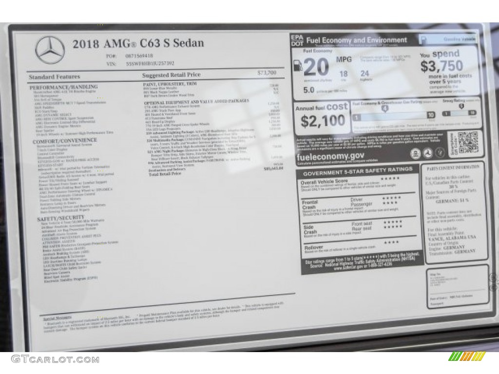 2018 Mercedes-Benz C 63 S AMG Sedan Window Sticker Photo #124479053