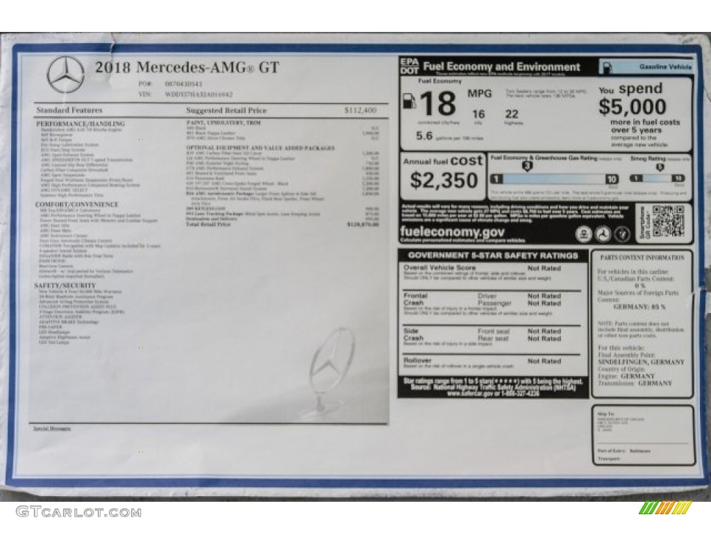 2018 Mercedes-Benz AMG GT Coupe Window Sticker Photo #124511454